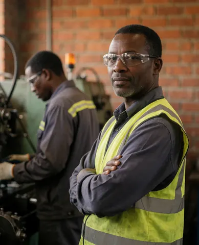 Superviseur en usine avec un gilet et des lunettes de sécurité, regardant la caméra, avec un travailleur en arrière-plan près d'une machine, mur en briques rouges, ambiance industrielle.