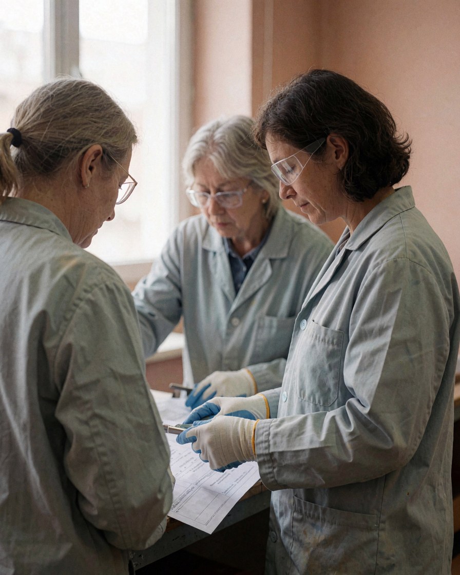Groupe de femmes ingénieures travaillant ensemble sur des plans techniques dans un environnement industriel.