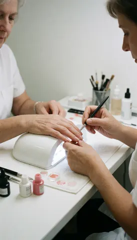 Une manucière applique du gel sur les ongles d'une cliente tandis que l'autre main repose sous une lampe UV dans un salon propre avec des outils visibles.