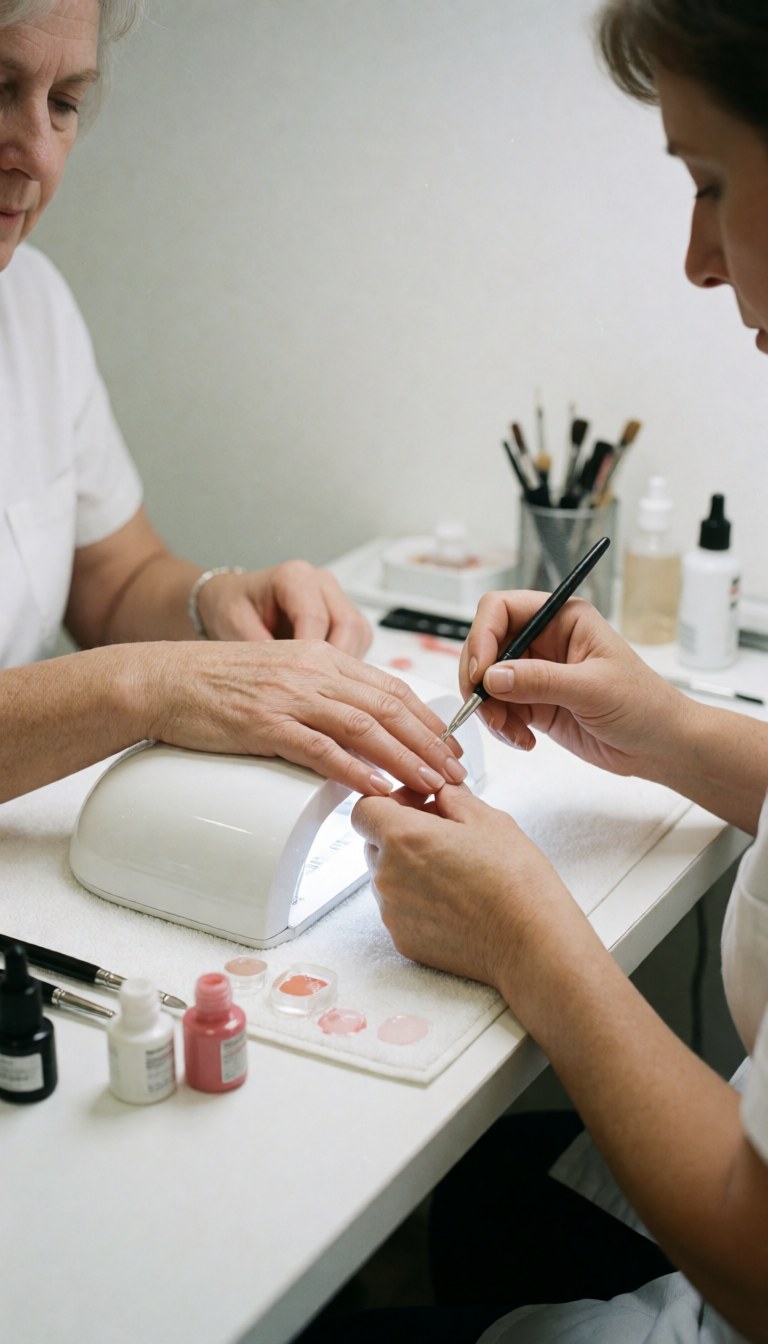 Une manucière applique du gel sur les ongles d'une cliente tandis que l'autre main repose sous une lampe UV dans un salon propre avec des outils visibles.
