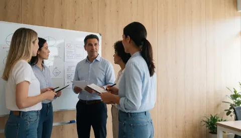 Des professionnels discutent devant un tableau blanc dans un bureau moderne avec lumière naturelle.