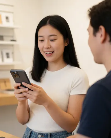 Une femme sourit en testant un smartphone dans une boutique, accompagnée d'un homme satisfait de l'expérience client.