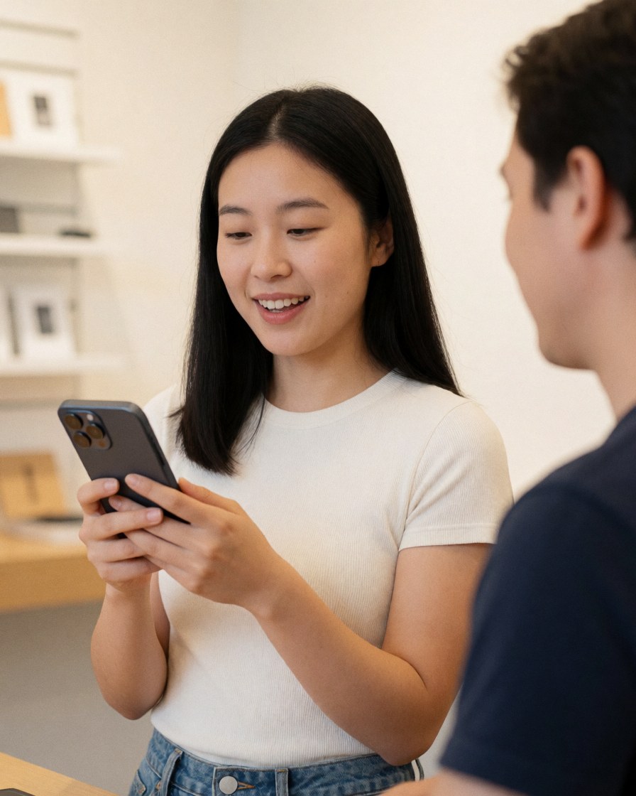 Une femme sourit en testant un smartphone dans une boutique, accompagnée d'un homme satisfait de l'expérience client.