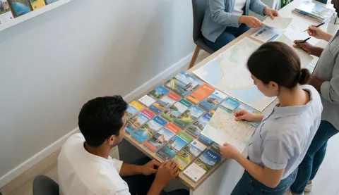 Des voyageurs examinent des cartes et des brochures colorées sur une table dans un environnement professionnel et épuré.