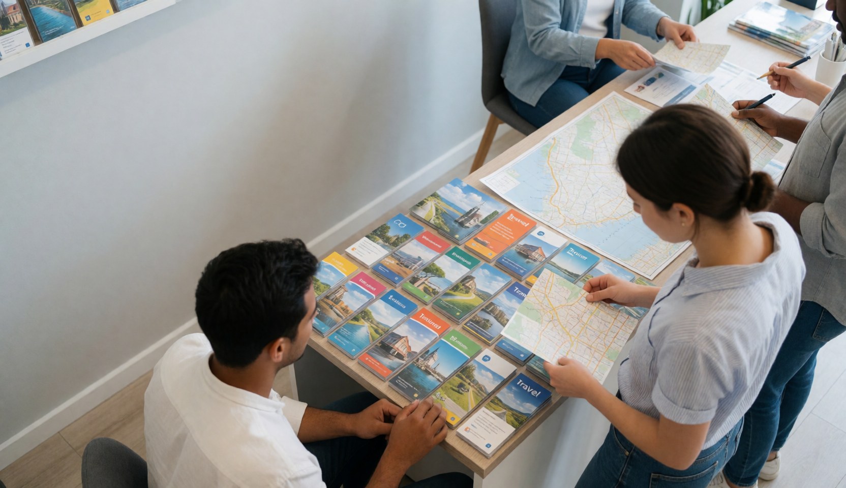 Des voyageurs examinent des cartes et des brochures colorées sur une table dans un environnement professionnel et épuré.