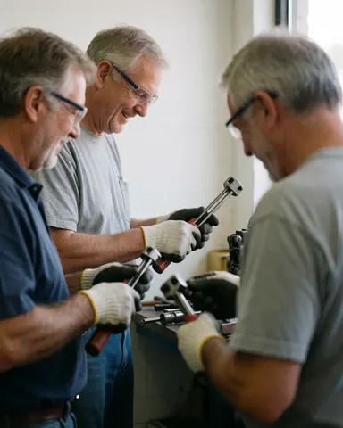 Trois techniciens expérimentés collaborent dans un atelier, portant gants et lunettes de sécurité, manipulant des outils métalliques avec concentration et esprit d'équipe.