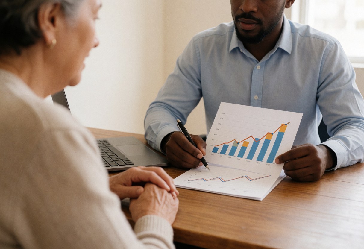 Un conseiller financier montre un graphique de croissance à un client âgé, assis à une table en bois avec un ordinateur portable dans un bureau lumineux.
