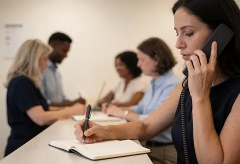 Une assistante de bureau prend des notes dans un carnet pendant une conversation téléphonique, avec des collègues flous en arrière-plan.