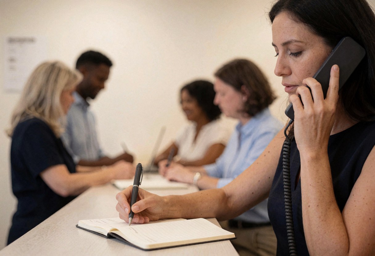 Une assistante de bureau prend des notes dans un carnet pendant une conversation téléphonique, avec des collègues flous en arrière-plan.