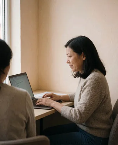 Une cliente souriante utilise un service professionnel sur son ordinateur portable dans un environnement calme et lumineux.