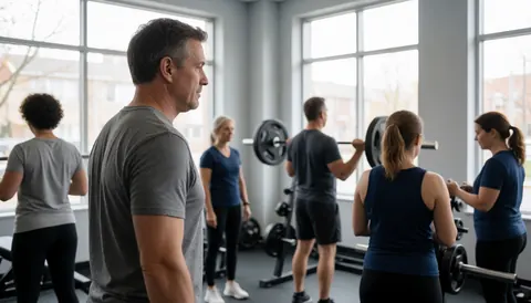 Salle de sport moderne équipée de haltères et d'un banc, offrant un grand espace vide sur le côté droit pour l'intégration de contenu textuel ou graphique.
