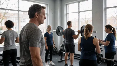 Salle de sport moderne équipée de haltères et d'un banc, offrant un grand espace vide sur le côté droit pour l'intégration de contenu textuel ou graphique.