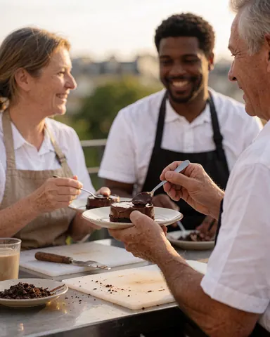 Un couple profite d'un dessert au chocolat sur une terrasse extérieure, avec une table de travail et des ustensiles de cuisine visibles.