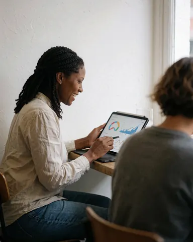 Une entrepreneuse souriante examine des graphiques et des données sur une tablette dans un bureau lumineux avec une tasse de café.