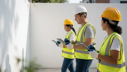 Trois inspecteurs du bâtiment marchant avec des dossiers sur un site de construction, tous portant des casques et des gilets jaunes, examinant les travaux par temps ensoleillé.