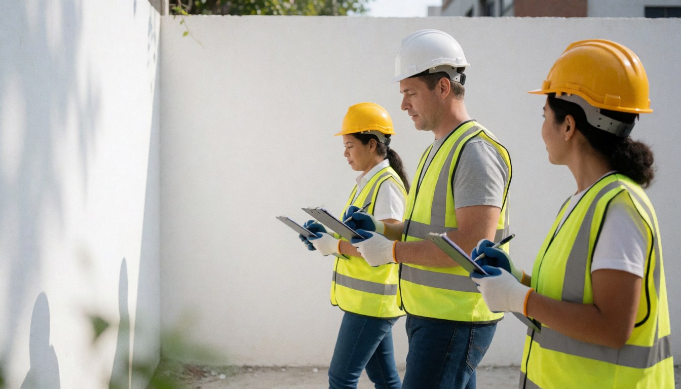 Trois inspecteurs du bâtiment marchant avec des dossiers sur un site de construction, tous portant des casques et des gilets jaunes, examinant les travaux par temps ensoleillé.