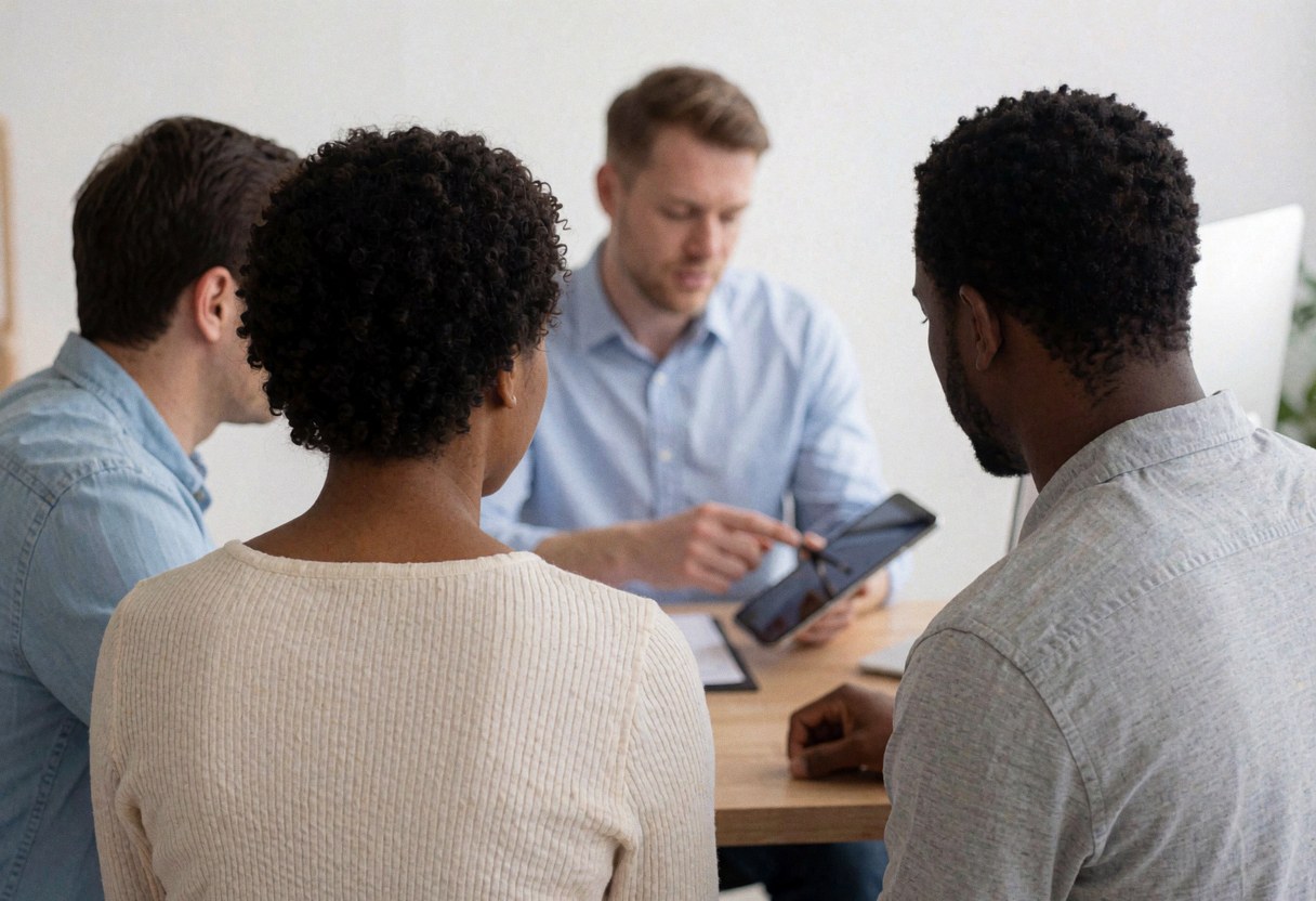 Un agent professionnel explique des options d'assurance à un couple dans un bureau moderne.