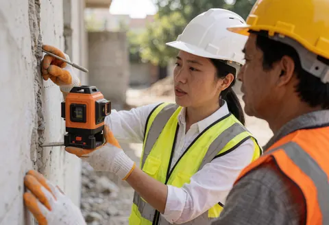 Une ingénieure en casque et gilet de sécurité utilise un niveau laser sur un mur, tandis qu'un client observe attentivement la mesure.
