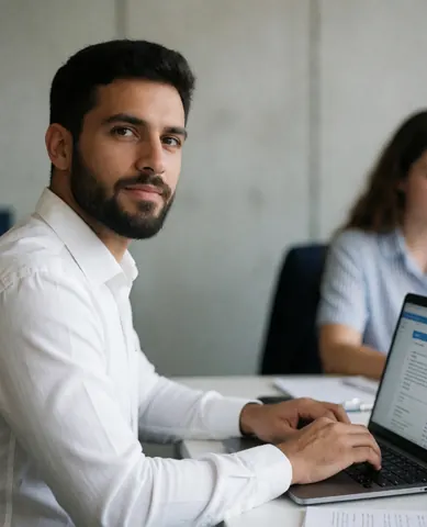 Jeune agent professionnel barbu en chemise blanche travaillant sur un ordinateur portable dans un bureau aux murs de béton, regardant directement l'objectif.