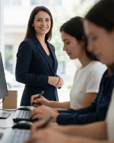 Responsable des ressources humaines souriant dans un bureau moderne avec lumière naturelle, observant son équipe travailler sur des ordinateurs.