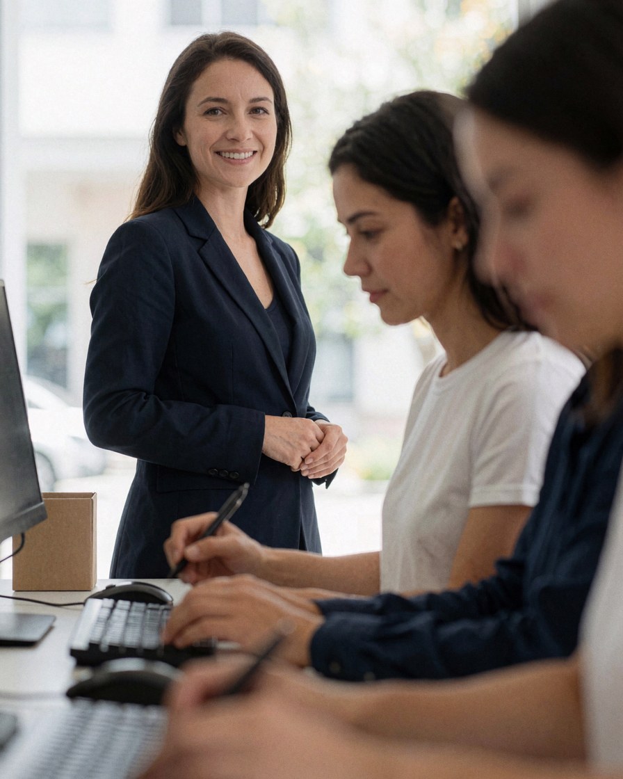 Responsable des ressources humaines souriant dans un bureau moderne avec lumière naturelle, observant son équipe travailler sur des ordinateurs.