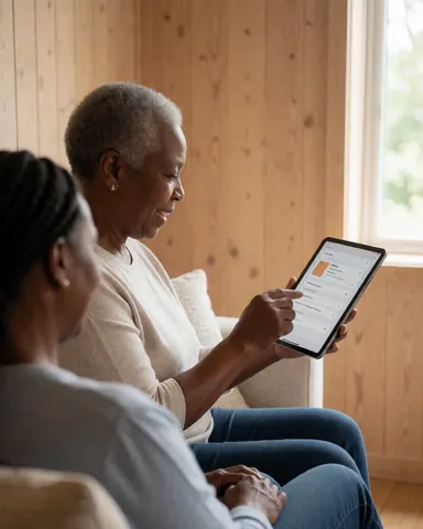 Une femme âgée sourit en utilisant une tablette dans un salon lumineux aux murs en bois, assise confortablement sur une chaise près d'une fenêtre.