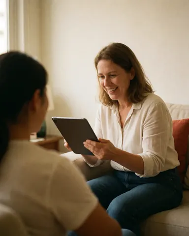 Une femme heureuse utilise une tablette dans son salon, assise sur un canapé avec des coussins rouges et un mur blanc, profitant de son travail logiciel.