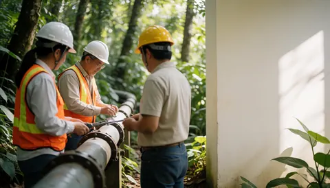 Trois techniciens en casques et gilets de sécurité mesurent une canalisation dans une forêt verdoyante à la lumière naturelle.