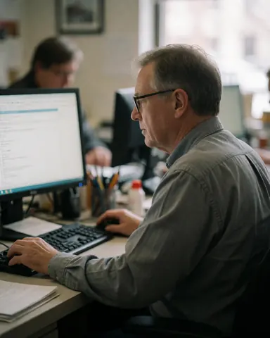 Un agent d'assurance professionnel assis à son bureau, concentré sur l'écriture de notes manuscrites sur une feuille de papier, entouré de son matériel de travail.