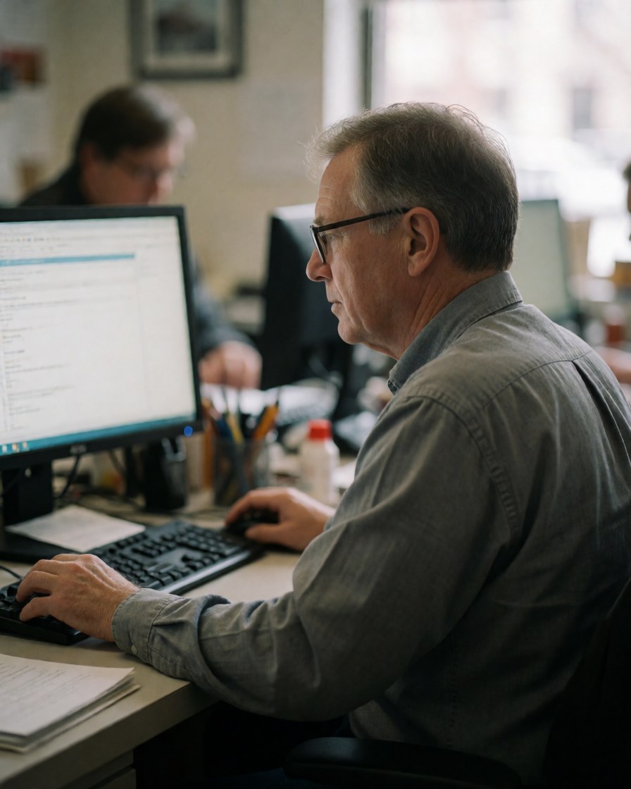 Un agent d'assurance professionnel assis à son bureau, concentré sur l'écriture de notes manuscrites sur une feuille de papier, entouré de son matériel de travail.