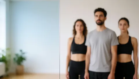 Arrière-plan flou d'un studio de yoga avec des miroirs, des plantes et une lumière naturelle, idéal pour ajouter du texte.
