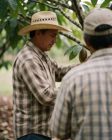 Un agriculteur souriant est en train de récolter des fèves de cacao dans une plantation au Mexique, illustrant le travail sur les fermes de cacao et de café.