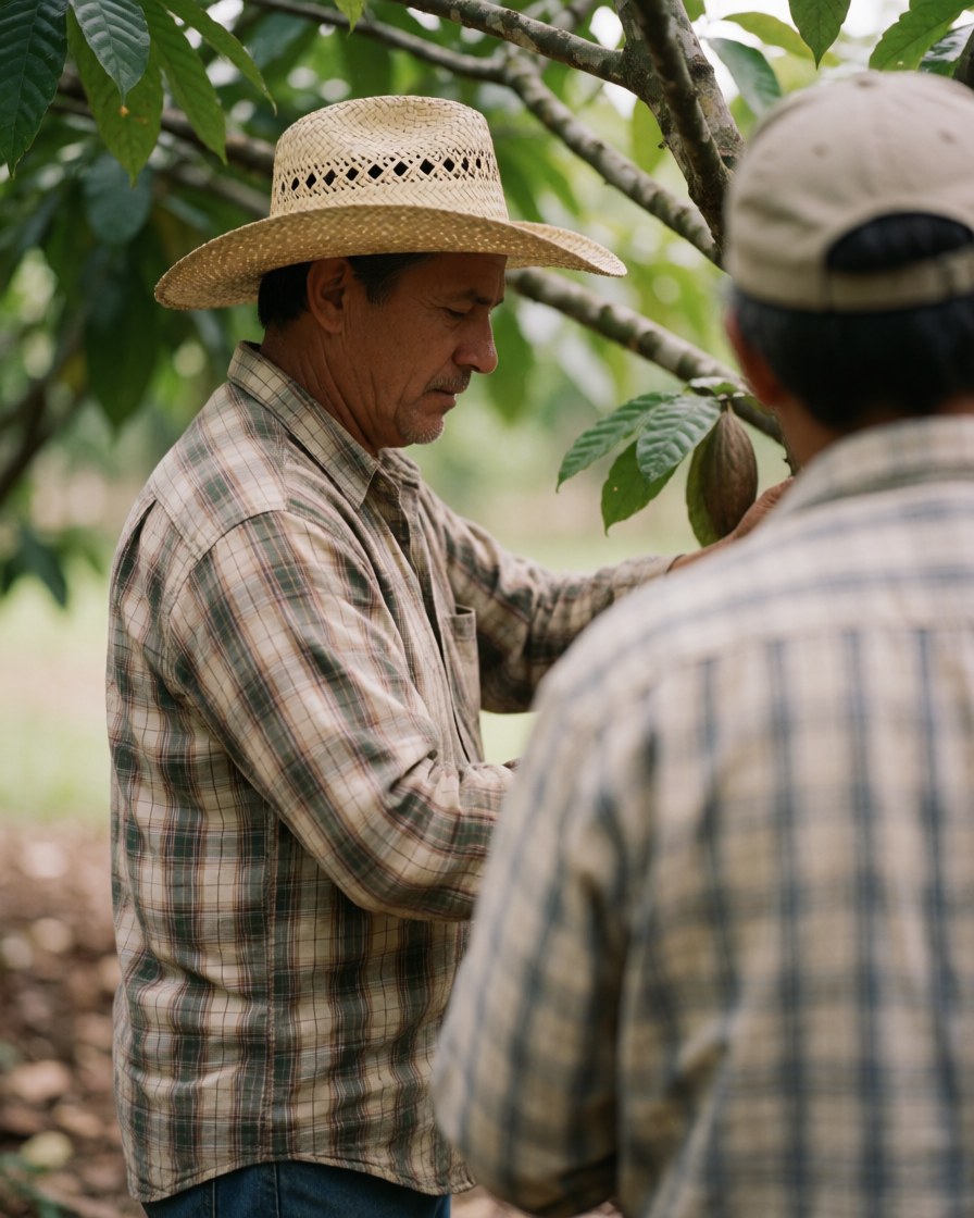 Un agriculteur souriant est en train de récolter des fèves de cacao dans une plantation au Mexique, illustrant le travail sur les fermes de cacao et de café.