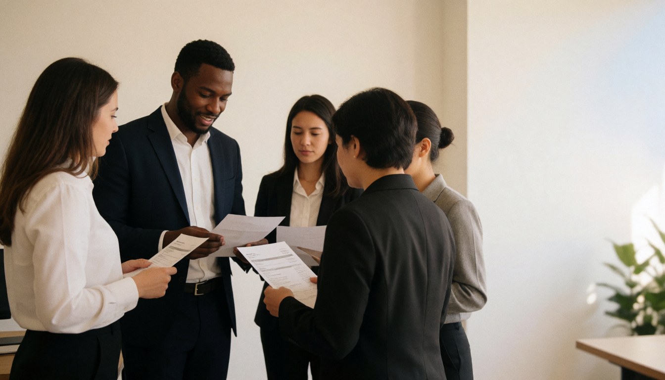 Des professionnels des ressources humaines en tenue formelle analysent des documents dans un bureau moderne lumineux aux murs blancs.