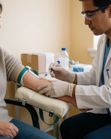 Un professionnel de santé effectue un prélèvement sanguin sur un patient allongé, équipé de gants et d'un garrot.