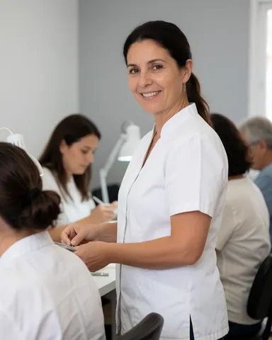 Une technicienne en manucure souriante effectuant un soin des ongles dans un salon de beauté professionnel.