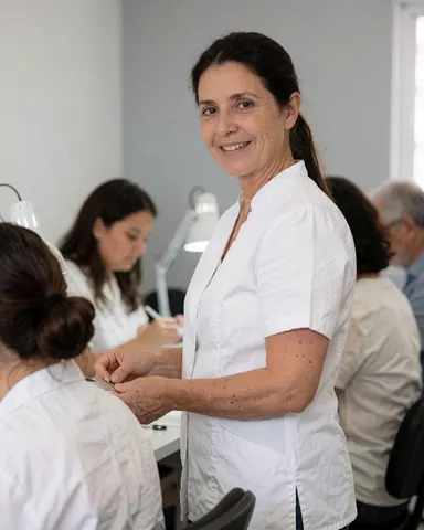 Une technicienne en manucure souriante effectuant un soin des ongles dans un salon de beauté professionnel.