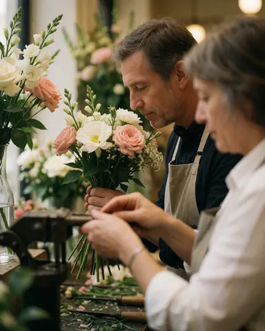 Un homme se tient dans une fleuristerie et sent le parfum d'un bouquet de fleurs fraîches.