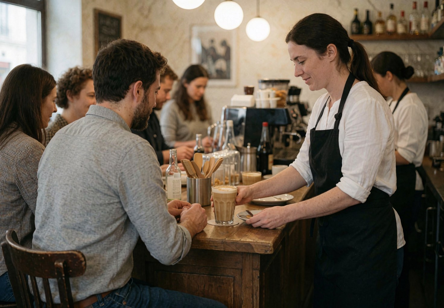 Une serveuse distribuant une tasse de café à un client assis au comptoir d'un établissement animé avec d'autres clients et une cafetière en arrière-plan.