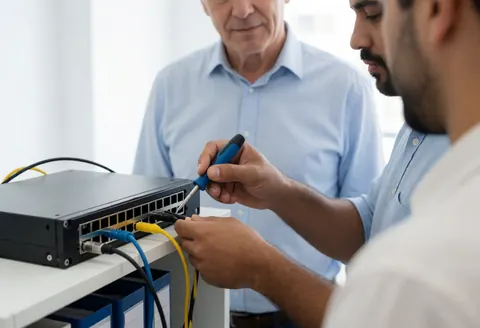 Un technicien ajuste des câbles sur un switch avec un tournevis tandis qu'un client observe attentivement dans un environnement de bureau moderne.