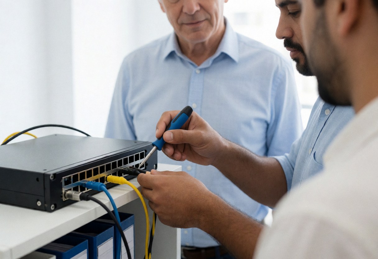 Un technicien ajuste des câbles sur un switch avec un tournevis tandis qu'un client observe attentivement dans un environnement de bureau moderne.