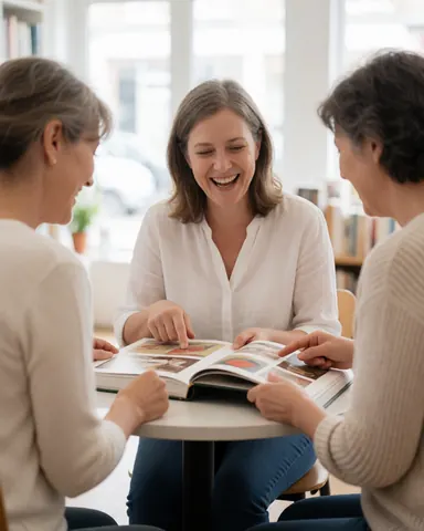 Trois femmes rient en regardant les pages d'un grand livre d'art posé sur une table ronde, baignées de lumière naturelle dans une librairie.
