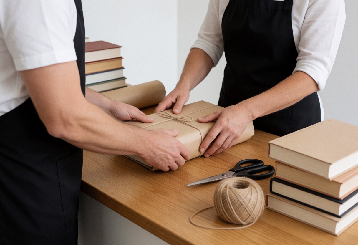 Un livre présenté comme un cadeau idéal, enveloppé dans du papier kraft et attaché avec une corde sur une table en bois.