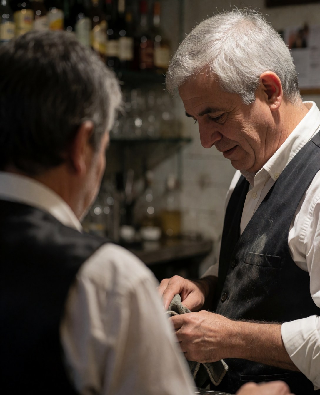 Portrait d'un bartender professionnel en tenue sombre travaillant derrière un comptoir avec des bouteilles et des verres dans une ambiance de bar.