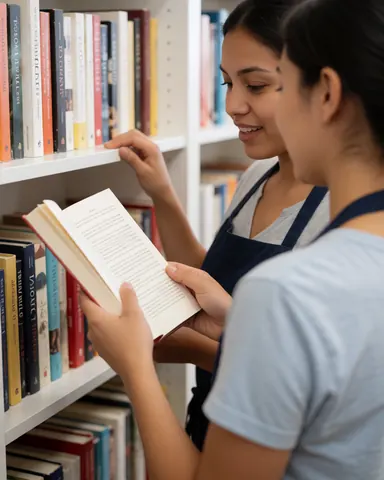 Une jeune femme lit un livre dans une librairie, entourée d'étagères remplies de livres, dans une ambiance calme et studieuse.