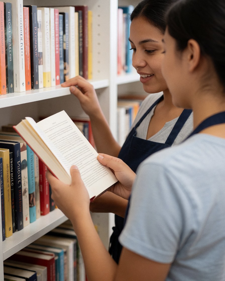 Une jeune femme lit un livre dans une librairie, entourée d'étagères remplies de livres, dans une ambiance calme et studieuse.