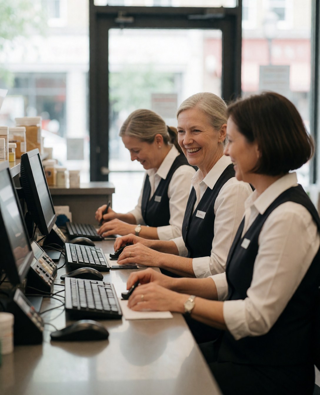 Deux réceptionnistes souriantes en uniforme noir et blanc, travaillant derrière le comptoir de la boutique.