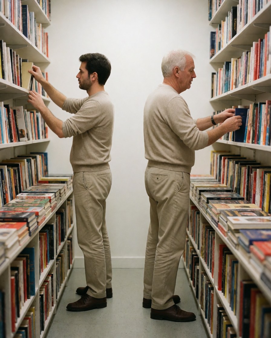 Deux hommes adultes organisent des livres sur les étagères d'une librairie. Ils sont de profil, regardant les livres, vêtus de vêtements neutres dans un environnement propre et ordonné.