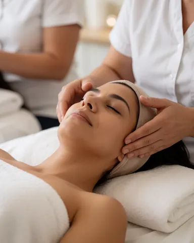 Une cliente les yeux fermés profite d'un massage facial relaxant. Les mains du professionnel agissent sur son visage, avec des serviettes blanches et une lumière douce pour un ambiance apaisante.