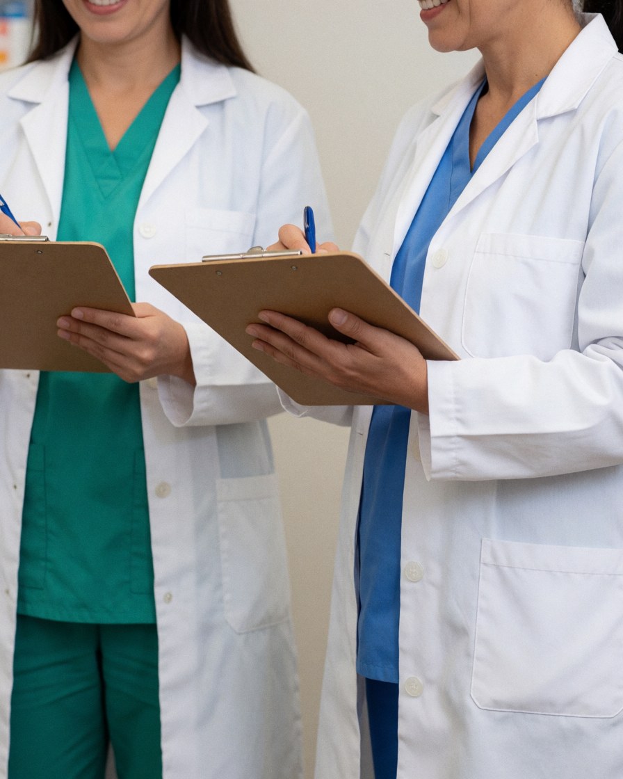 Deux pharmaciens en blouse blanche écrivent sur des porte-documents dans une pharmacie, sur fond neutre.